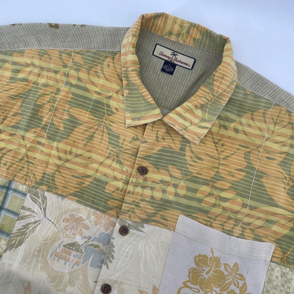 Tommy Bahama Shirt Mens XL Multi Patchwork Silk Short Sleeve Tropical Button Up